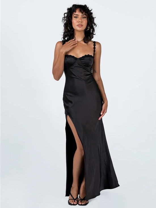 Princess Polly Dresses & Skirts - Princess Polly - Black Satin Dress w/ Floral Straps (“Grimmond Maxi Dress”)